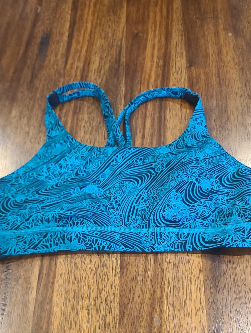 Lululemon Energy Bra in a black and teal 